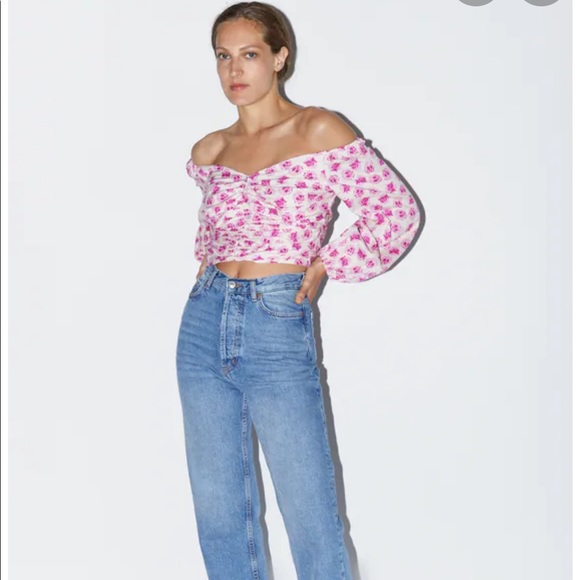 Zara Tops - Printed draped floral top with pink flowers.